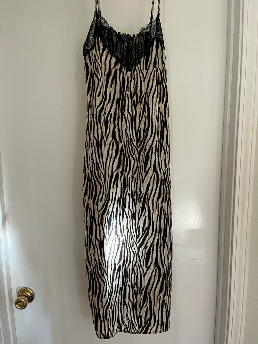 Zebra-Print Maxi Slip Skirt with Lace Trim - Black & Cream